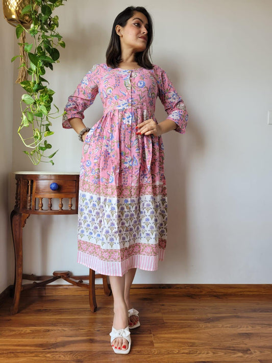 Indiehaat | Cotton Long One Piece Dress Pastel Pink Color Bagru Hand Printed Size 36 to 46