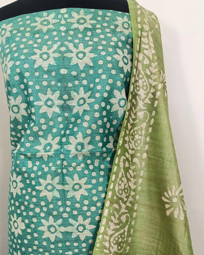 Bandhani & Batik Khadi Silk Sea Green Suit