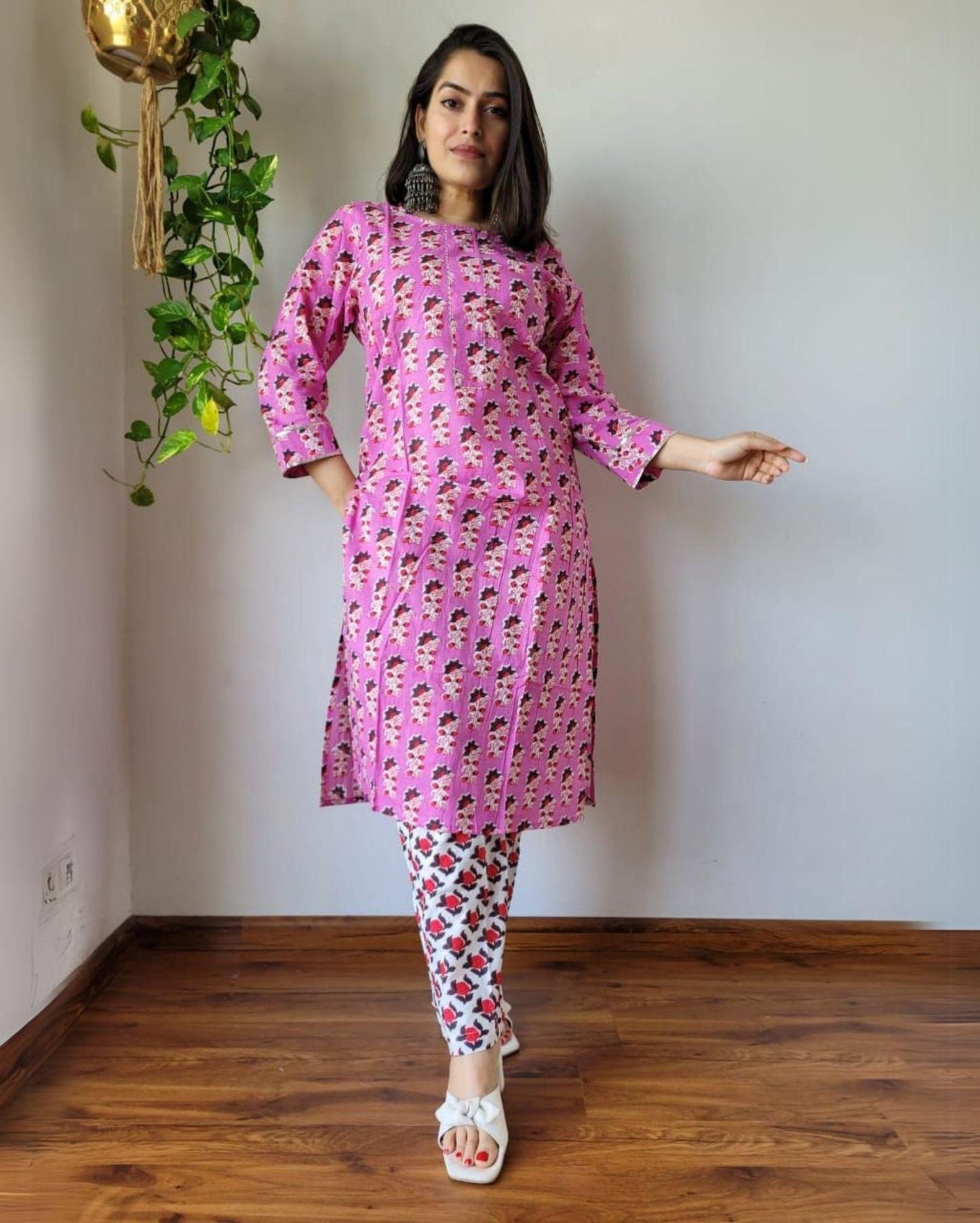 Indiehaat | Cotton Stitched Kurti Pink Color Handblock Printed With Pant