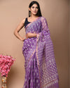 Indiehaat | Blockprinted Kota Doria Purple Saree | Elegant