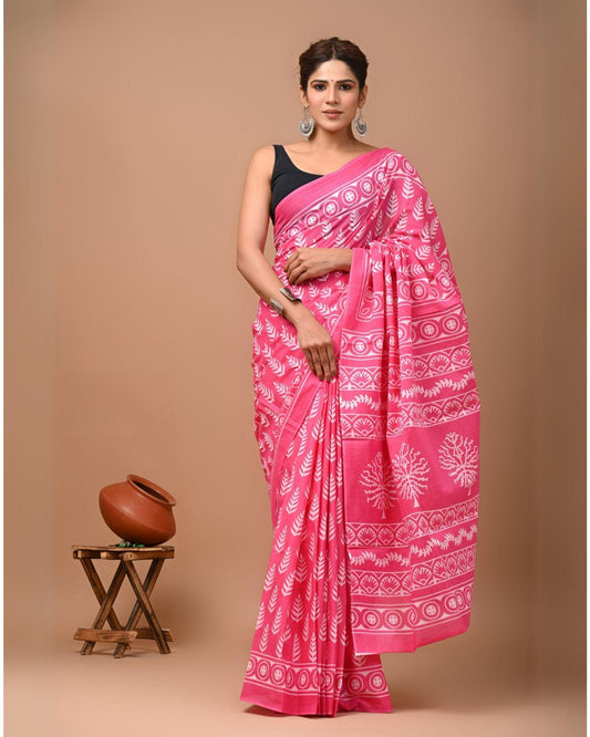 Indiehaat | Pure Mulmul Cotton Saree Gray and Pink Color Bagru Handblock Print with Running Blouse