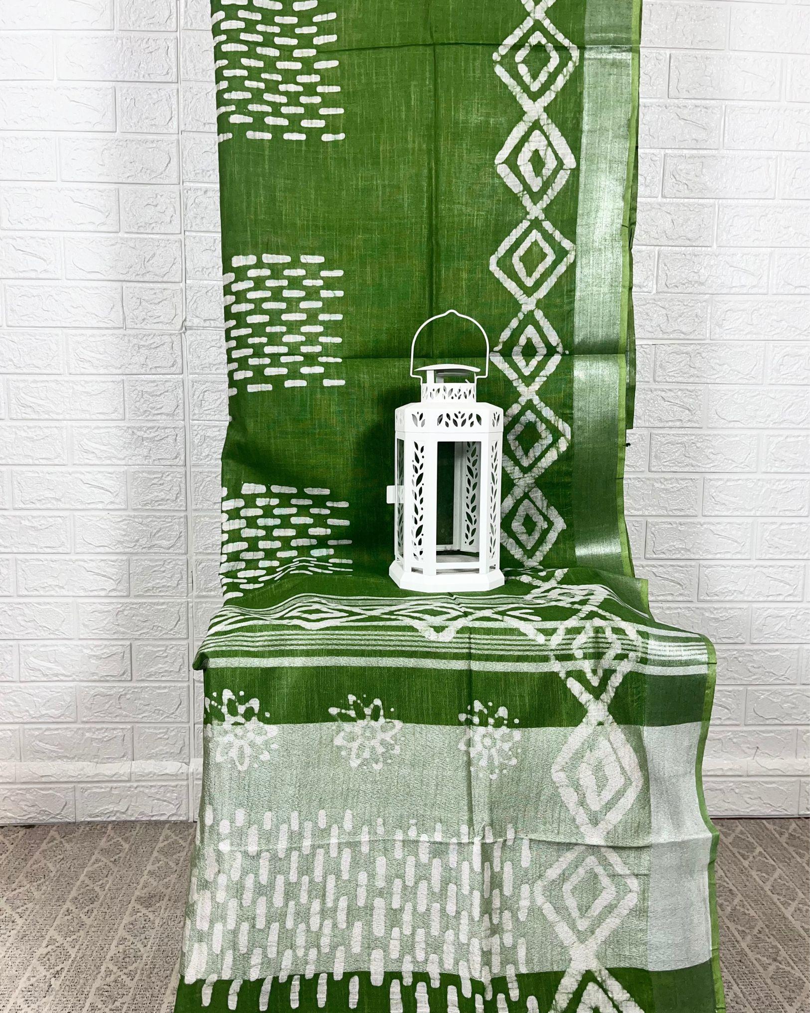 IndieHaat | Slub Linen Green Saree Batik Print Running Blouse Ajrakh Dabu