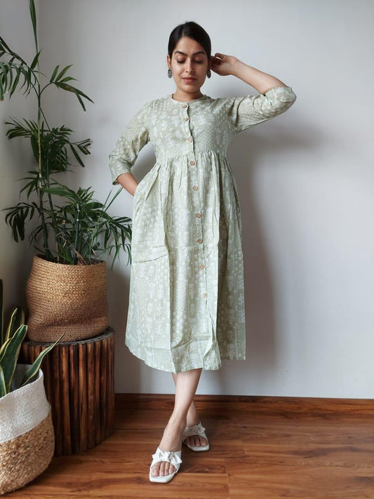 Indiehaat | Cotton Long One Piece Dress Beige Color Bagru Hand Printed Size 36 to 46