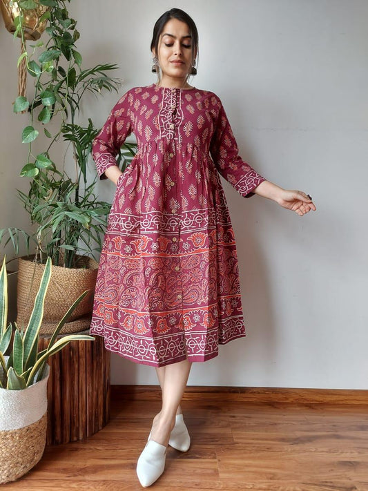 Indiehaat | Cotton Long One Piece Dress Bragudi Color Bagru Hand Printed Size 36 to 46
