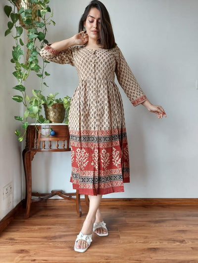 Indiehaat | Cotton Long One Piece Dress Sea Green Color Bagru Hand Printed Size 36 to 46