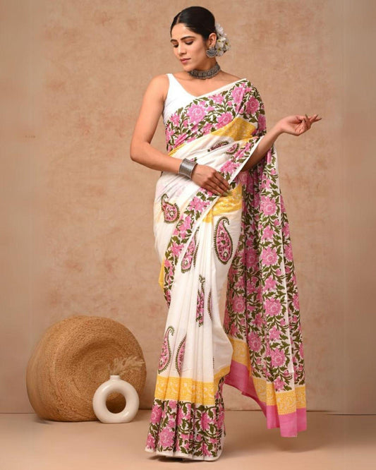 Indiehaat | Pure Mulmul Cotton Saree White with Multi Color handblock printed with Running Blouse