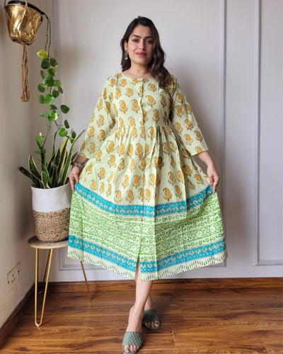 Indiehaat | Blockprinted Cotton Long Dress Yellow