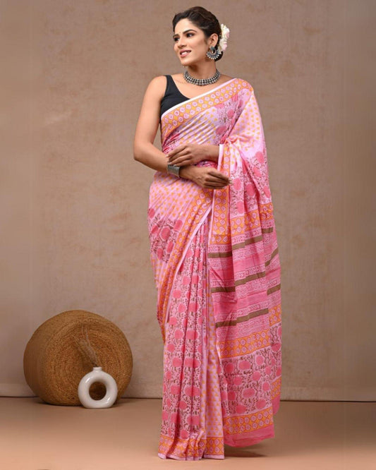Indiehaat | Pure Mulmul Cotton Saree Rose Pink Color handblock printed with Running Blouse