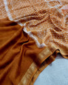 Indiahaat | Maheshwari Silk Saree Organish-Brown Color Handblock Print