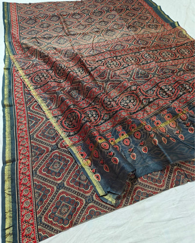 Indiehaat | Chanderi Silk Ajrakh Print Saree Multicolor