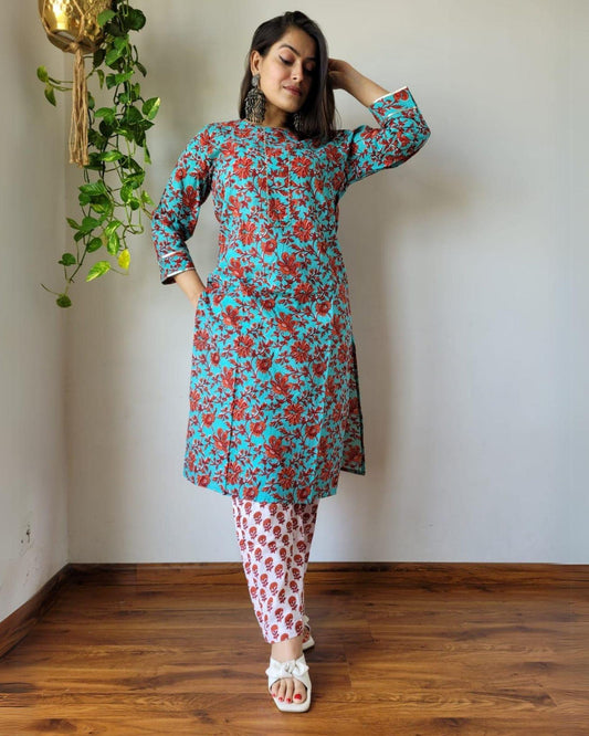 Indiehaat | Cotton Stitched Kurti Sea Blue Color Handblock Printed With Pant