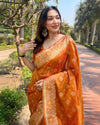 Indiehaat | Organza Floral Dual Zari Woven Orange Saree