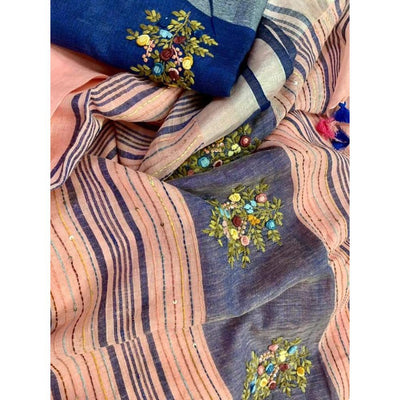 Decorous Pure Linen Floral Embroidered Peach Saree