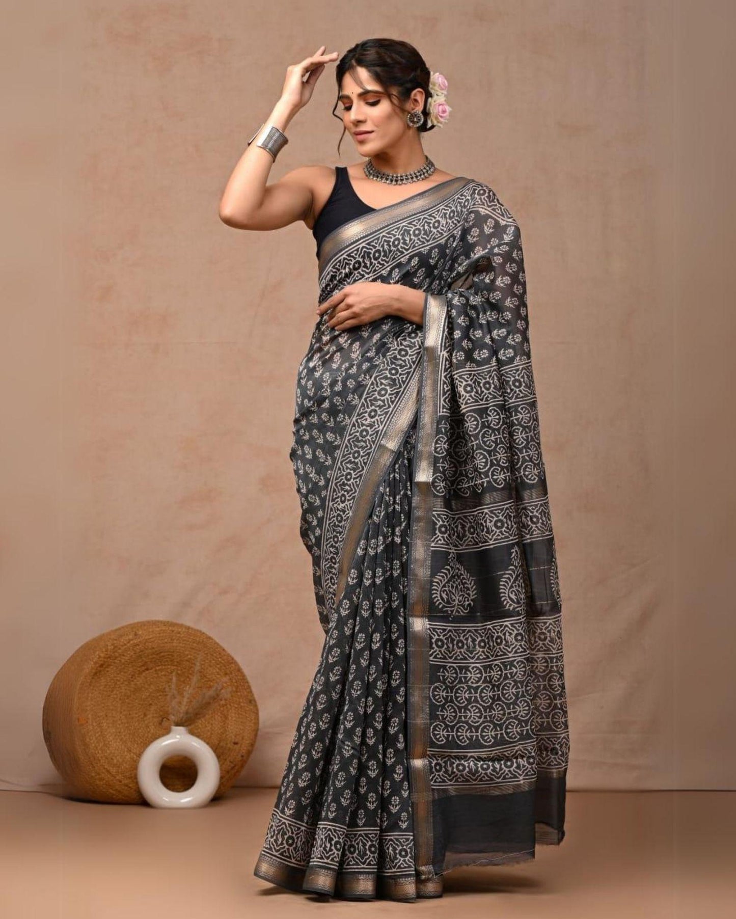 Indiehaat | Maheshwari Silk Saree Gray Color Bagru Handblock Printed with Running Blouse (Silk by Silk)