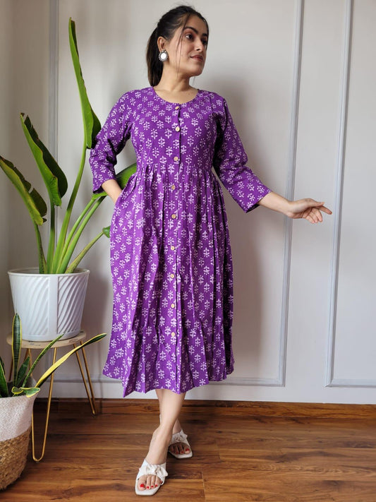 Indiehaat | Cotton Long One Piece Dress Purple Color Bagru Hand Printed Size 36 to 46