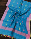 Indiehaat | Pure Linen Sky Blue Dupatta With Weaving Flower Pattern
