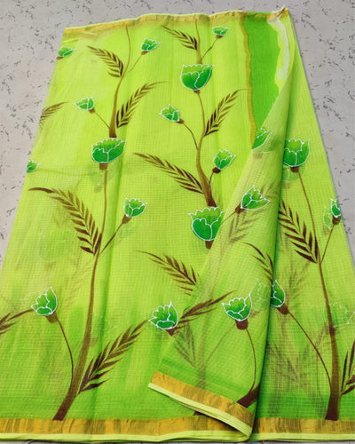 Indiehaat | Kota Cotton Hand Brush Print Green Saree