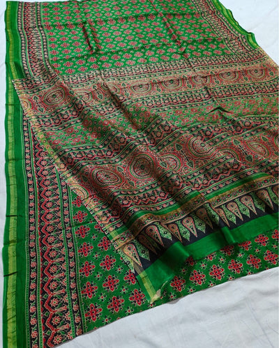 Indiehaat | Chanderi Silk Ajrakh Print Saree Green
