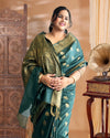 Indiehaat | Banarasi Silk Green Saree Jaquard Weaving With Running Blouse