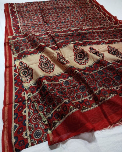 Indiehaat | Chanderi Silk Ajrakh Print Saree Brown