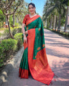 Indiehaat | Soft Silk Contrast Zari Woven Green & Red Saree