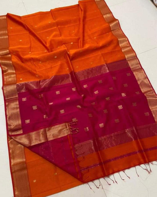 Maheshwari Silk Dark Orange Saree Lotus Buta Contrast Pallu Running Blouse|Indiehaat