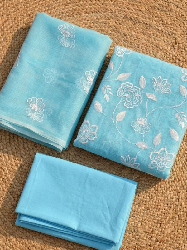 Kashidakari Kota Doria Embroidered Sky Blue Suit (T+B+D)