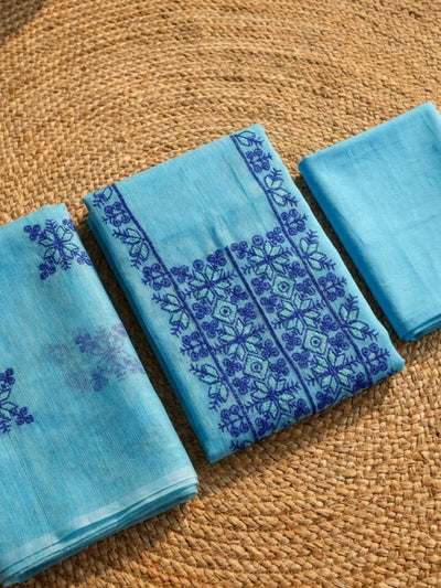 Kashidakari Kota Doria Embroidered Pastel Blue Suit (T+B+D)