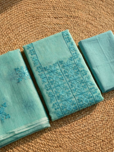 Kashidakari Kota Doria Embroidered Maya Blue Suit (T+B+D)