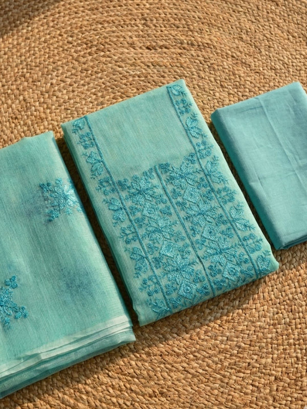 Kashidakari Kota Doria Embroidered Maya Blue Suit (T+B+D)
