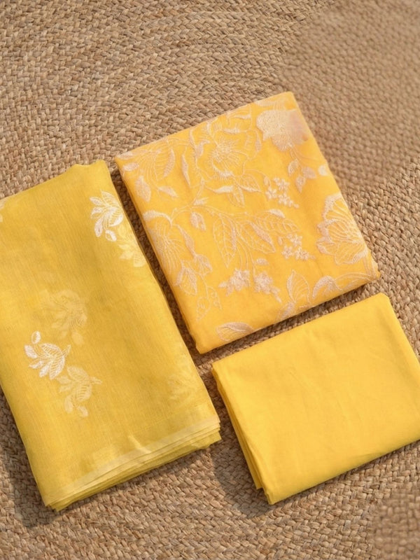 Kashidakari Kota Doria Embroidered Golden Yellow Suit (T+B+D)