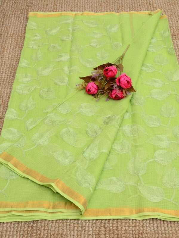 Pankhudi Kota Doria Light Green Saree Embroidered