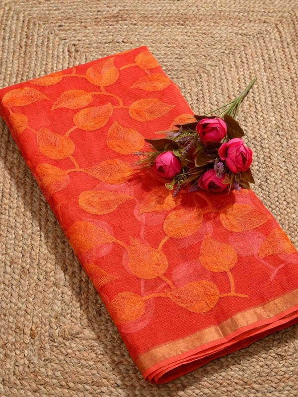 Pankhudi Kota Doria Bold Orange Saree Embroidered