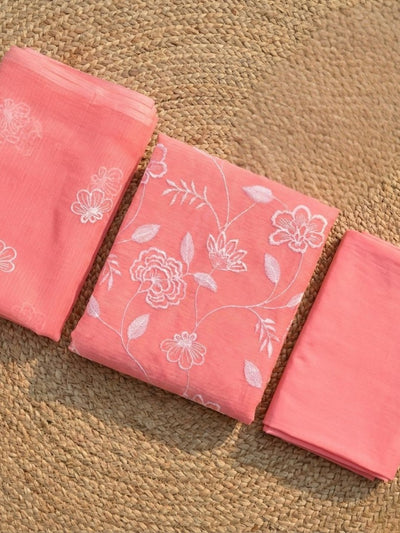 Kashidakari Kota Doria Dark Peach Embroidered Suit (T+B+D)