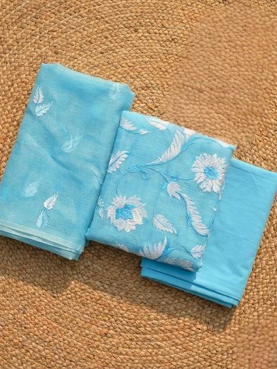 Kashidakari Kota Doria Embroidered Calm Blue Suit (T+B+D)