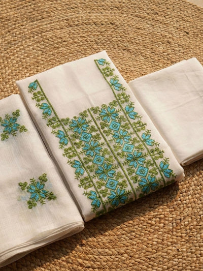 Kashidakari Kota Doria Embroidered Pure White Suit