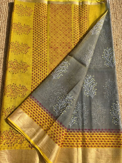 Craft Couture Blockprinted Kota Doria Gray & Mustard Saree
