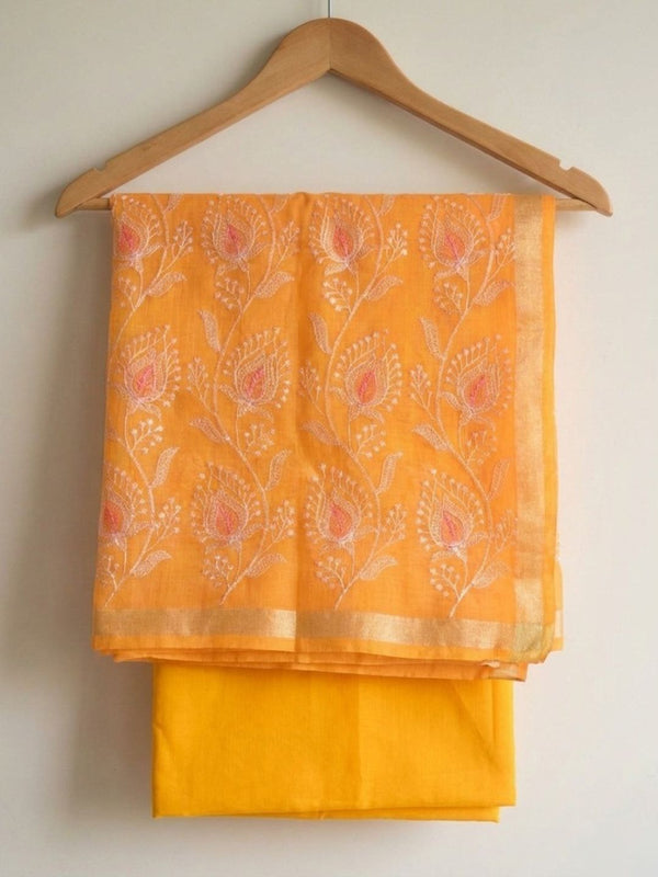 Kashidakari Embroidered Kota Doria Sunny Orange Suits