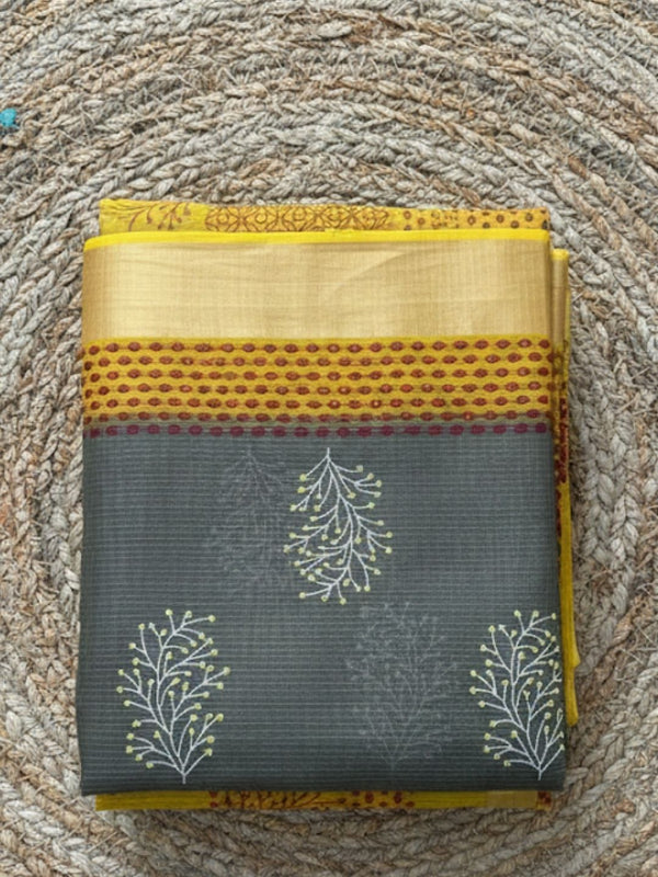 Craft Couture Blockprinted Kota Doria Gray & Mustard Saree