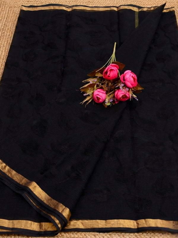 Pankhudi Kota Doria Intense Black Saree Embroidered