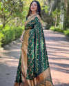 Indiehaat | Banarasi Jaal Katan Silk Zari Woven Green Saree