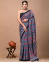 Indiehaat | Pure Mulmul Cotton Saree Indigo Color Bagru Handblock Print with Running Blouse