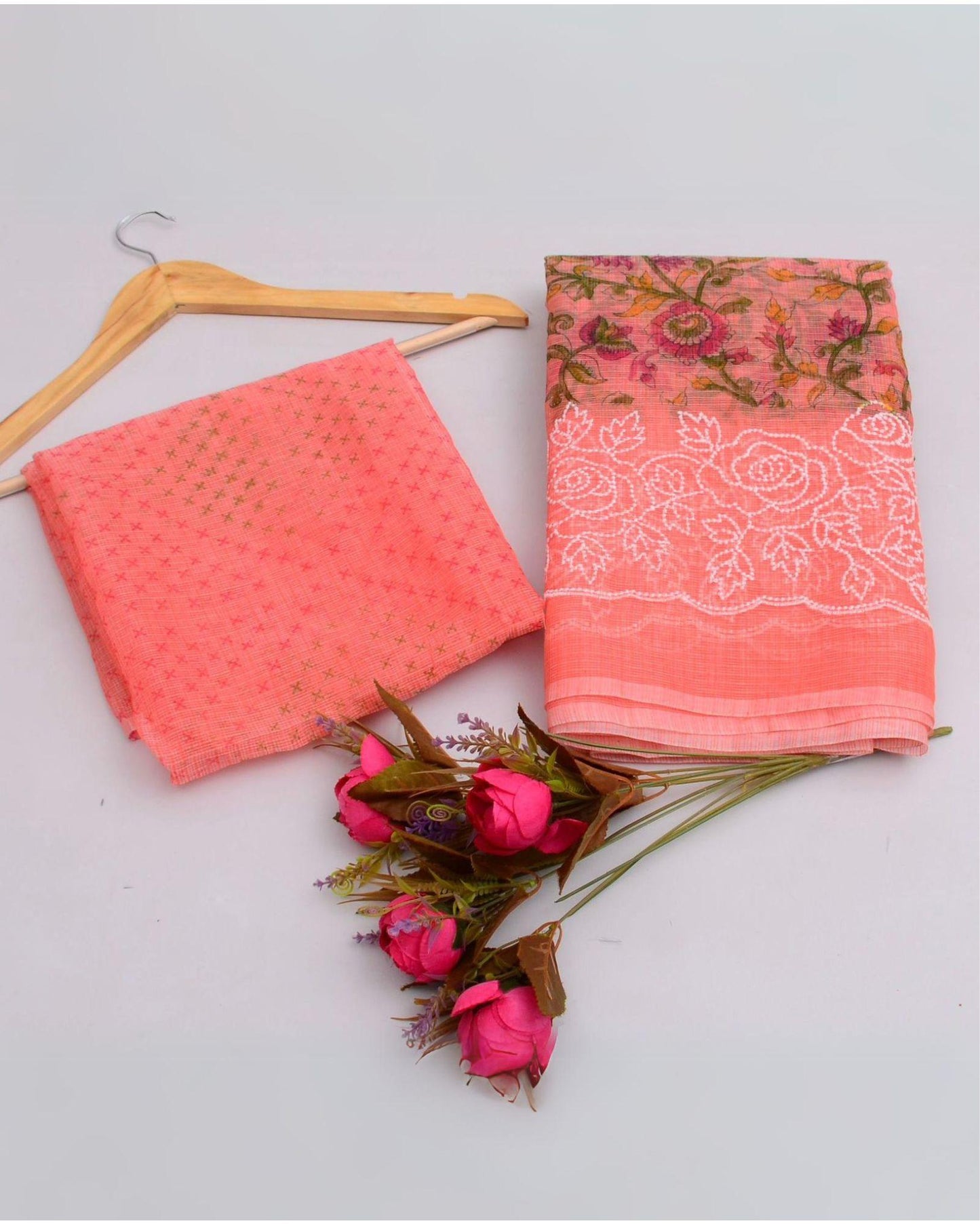 Indiehaat | Kota Doria Printed Peach Saree Embroidery with Blouse Piece