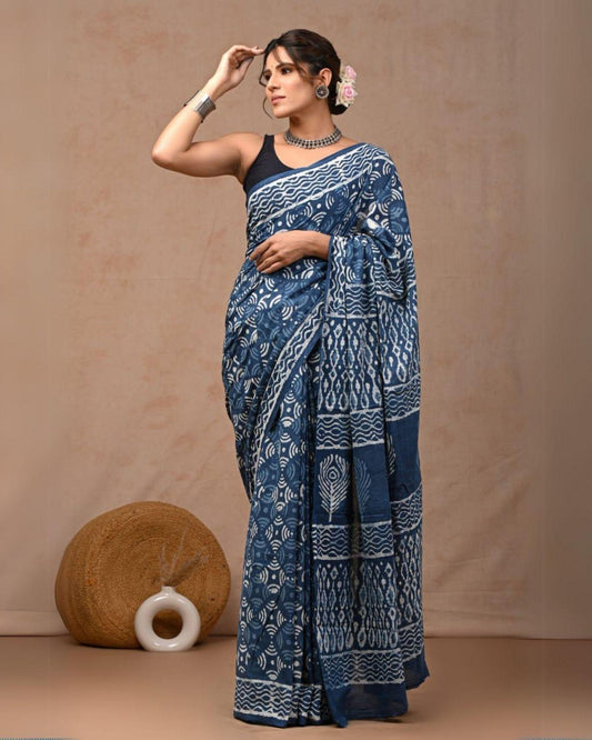 Indiehaat | Pure Mulmul Cotton Saree Blue Color handblock printed with Running Blouse