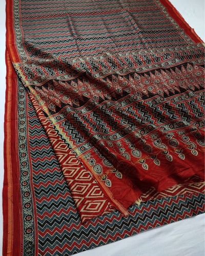 Indiehaat | Chanderi Silk Ajrakh Print Saree Multicolor