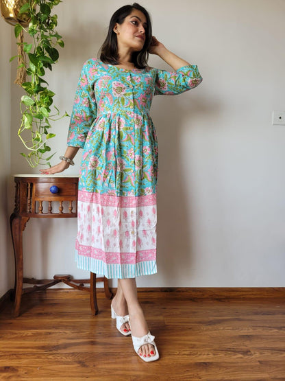 Indiehaat | Cotton Long One Piece Dress Pastel Green Color Bagru Hand Printed Size 36 to 46
