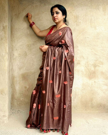 Silkmark Pure Tussar Vibrant Embroidered Saree Brown