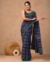 Indiehaat | Pure Mulmul Cotton Saree Dark Blue Color handblock printed with Running Blouse