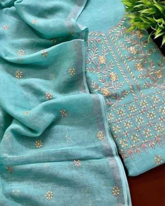Indiehaat | Pure Linen Embroidered Suit Piece Sea Green Color (Top+Dupatta) With Linen Bottom
