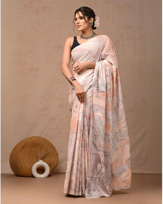 Indiehaat | Pure Mulmul Cotton Saree Pinkish Beige Color handblock printed with Running Blouse